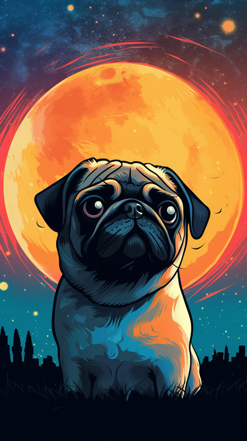 Pug in front of a red moon. Cute Dog Breed