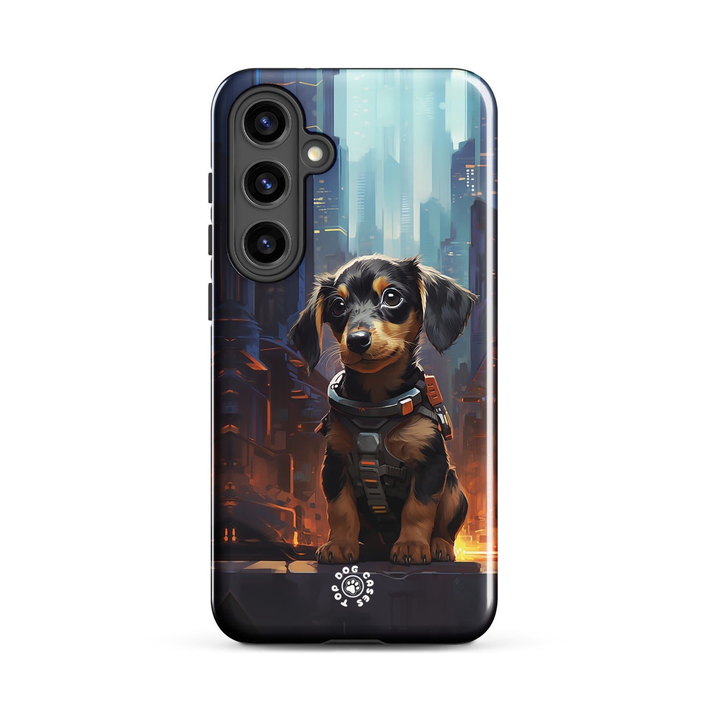 Dachshund in the City - Samsung Phone Case - Cute Phone Cases - Top Dog Cases - #CyberpunkCityDog, #Dachshund, #SamsungGalaxyCase, #SamsungGalaxyS20, #SamsungGalaxyS21, #SamsungGalaxyS22, #SamsungGalaxyS22Ultra, #SamsungGalaxyS23, #SamsungGalaxyS23Ultra