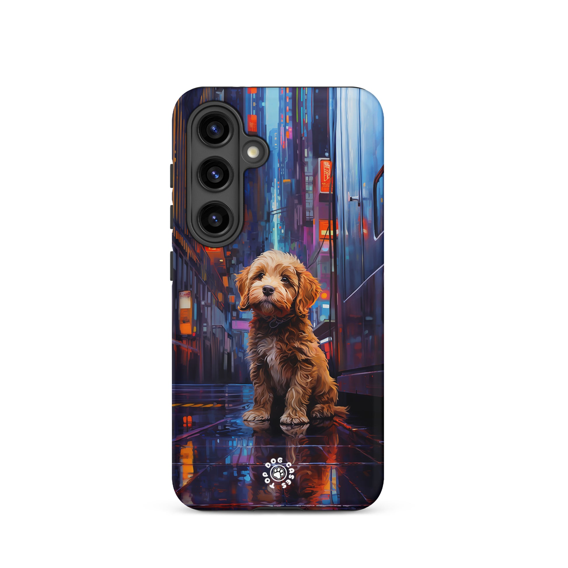 Goldendoodle in the City - Samsung Phone Case - Cute Phone Cases - Top Dog Cases - #CityDogs, #CuteDogs, #CyberpunkCityDog, #Goldendoodle, #SamsungGalaxyCase, #SamsungGalaxyS20, #SamsungGalaxyS21, #SamsungGalaxyS22, #SamsungGalaxyS22Ultra, #SamsungGalaxyS23, #SamsungGalaxyS23Ultra