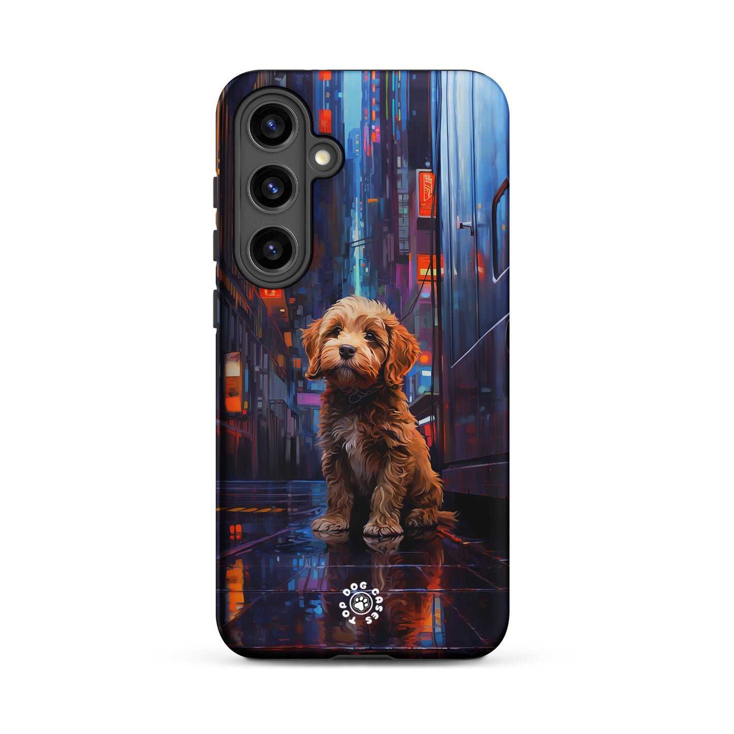 Goldendoodle in the City - Samsung Phone Case - Cute Phone Cases - Top Dog Cases - #CityDogs, #CuteDogs, #CyberpunkCityDog, #Goldendoodle, #SamsungGalaxyCase, #SamsungGalaxyS20, #SamsungGalaxyS21, #SamsungGalaxyS22, #SamsungGalaxyS22Ultra, #SamsungGalaxyS23, #SamsungGalaxyS23Ultra